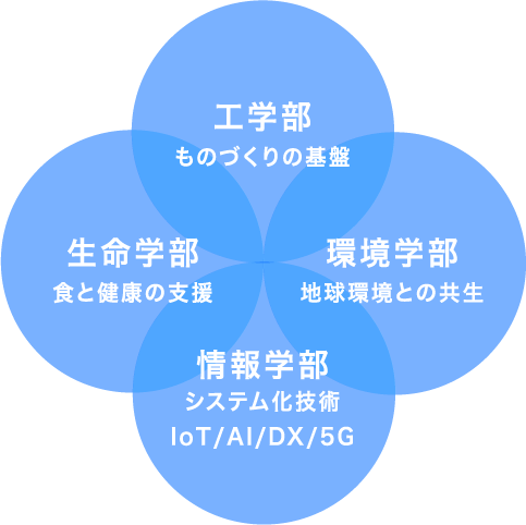 工学部 ものづくりの基盤 / 生命学部 食と健康の支援 / 環境学部 地球環境との共生 / 情報学部 システム化技術 IoT/AI/DX/5G