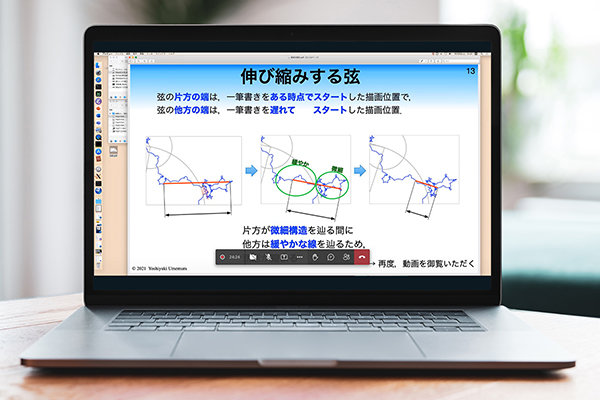 弦の右の点が図形をなぞり始めた後、弦の左の点が遅れてスタートすることで、弦が伸縮します