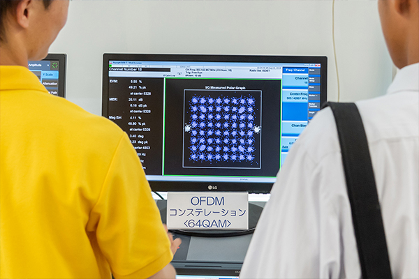 写真の青白い細かな点の一つひとつが、送信されたデジタルデータ。本来は、タテ8個×ヨコ8個の点として整然と集約されていないといけないのですが、64の集約箇所の周辺に、細かな点がばらけています。これはマルチパスの影響を受けているためです。